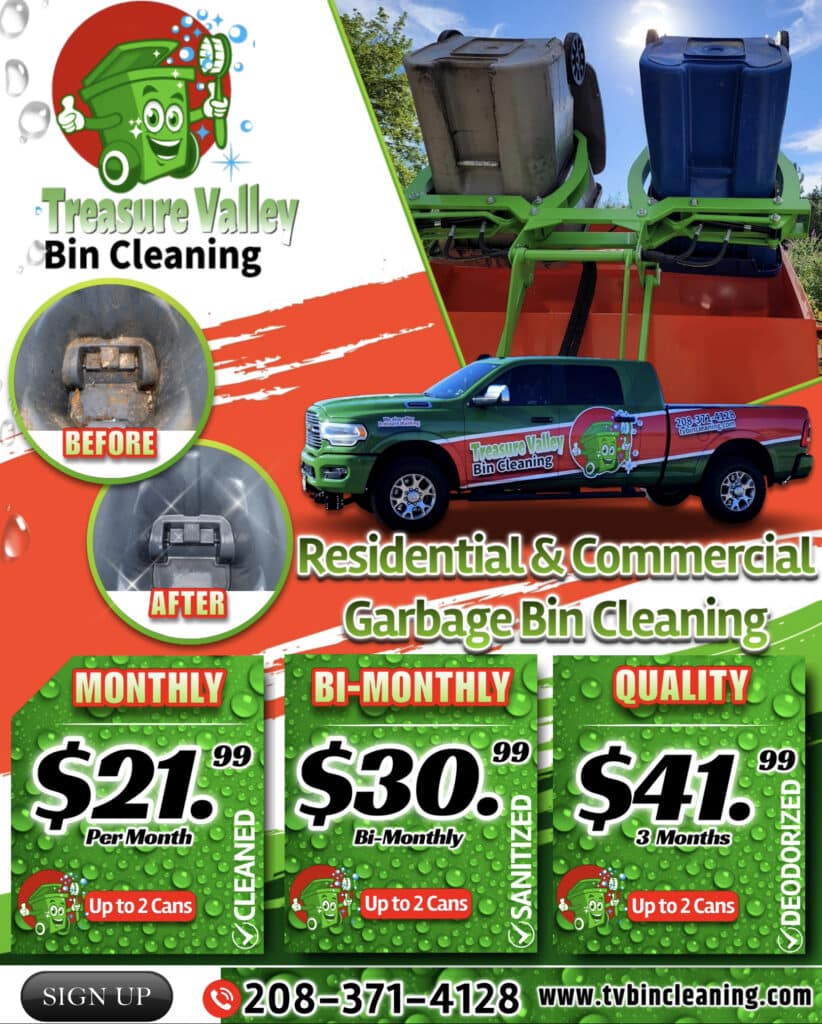 Treasure Valley Trash Bin Cleaning Services flyer for the Boise Idaho area